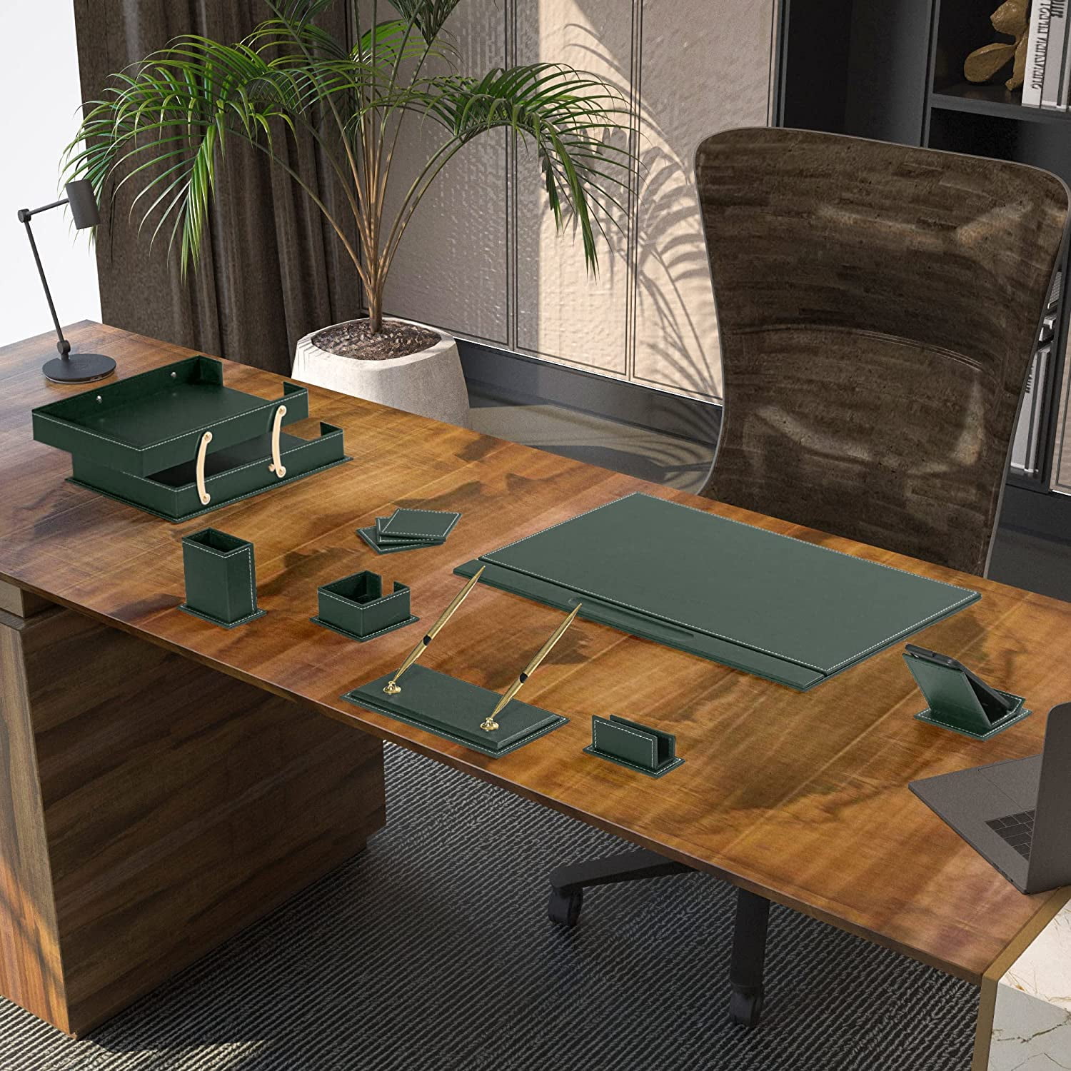 Prestige Premium Leather & Wooden 14Pieces Desk Set Desk Organizer Office Accessories  Desk Accessories Office Organizer