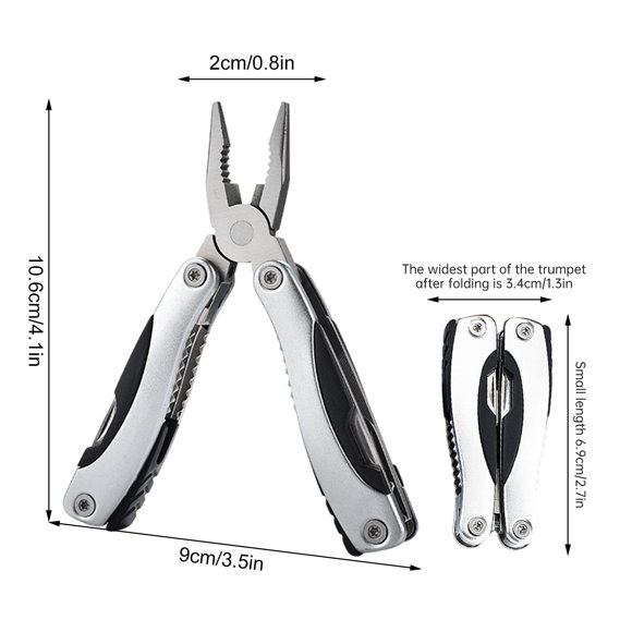Silver Multifunctional Foldable Mini Pliers Outdoor Tool With Knife Screwdriver And Bottle Opener Portable Combination Pliers For Camping Hiking And Emergency Use 3.5X4.1In
