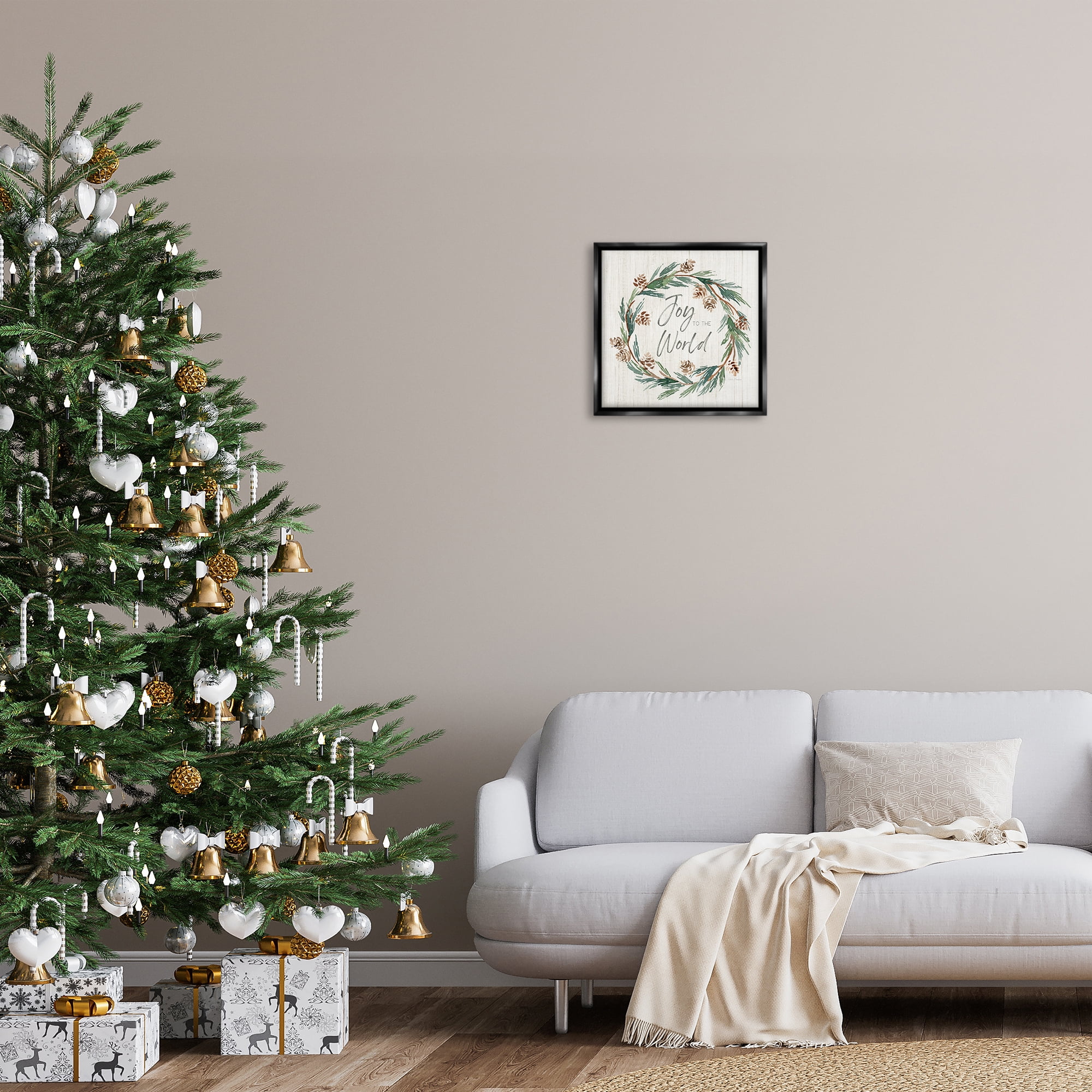 Stupell Industries Joy Pinecone Wreath Holiday Painting Black Floater Framed Canvas Art Prints Wall Art, 18 x 18