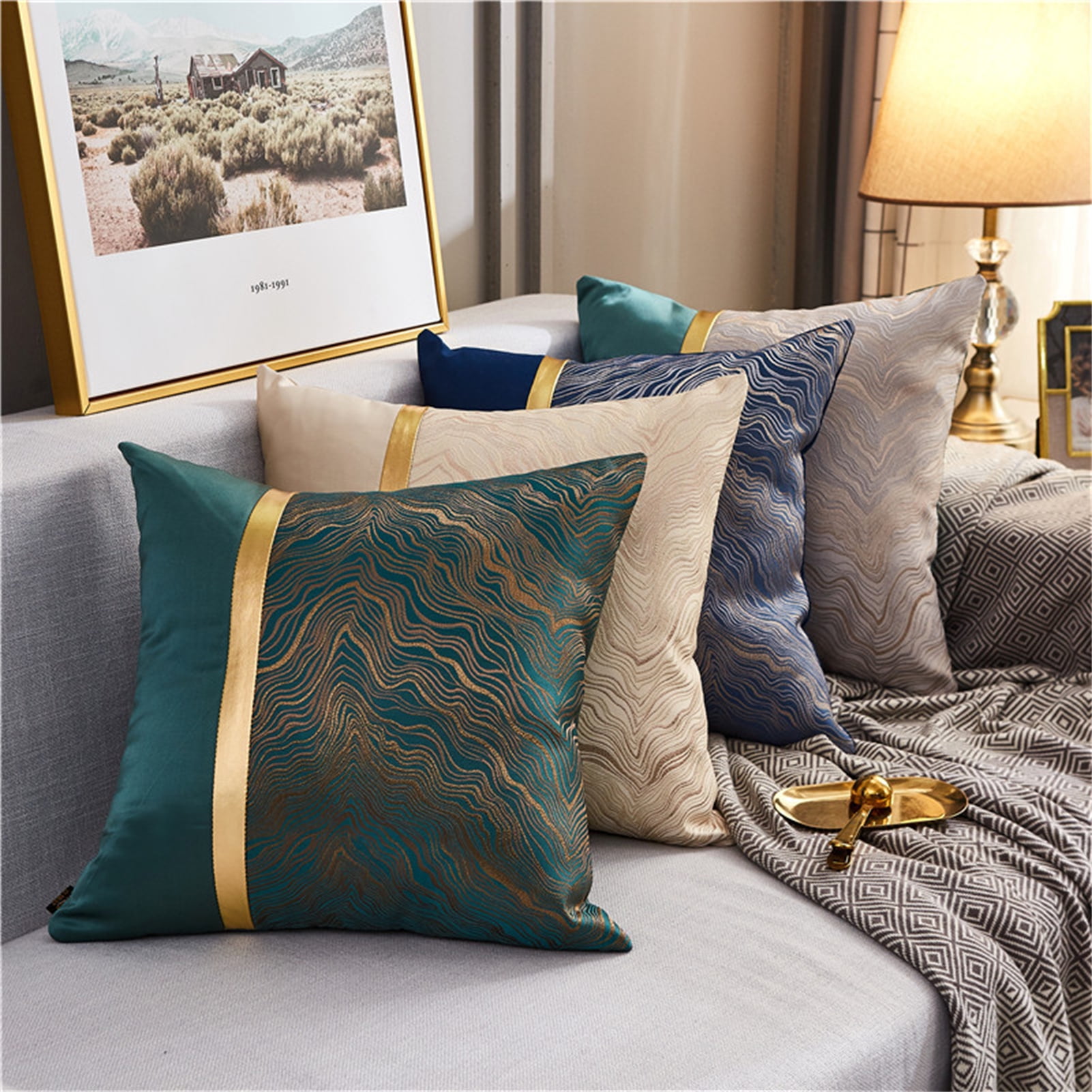 Neinkie 18 X 18 Inch Square Gold Abstract Striped Embroidery Cushion Case Luxury Modern Throw Pillow Cover Decorative Pillow For Couch Living Room Bed
