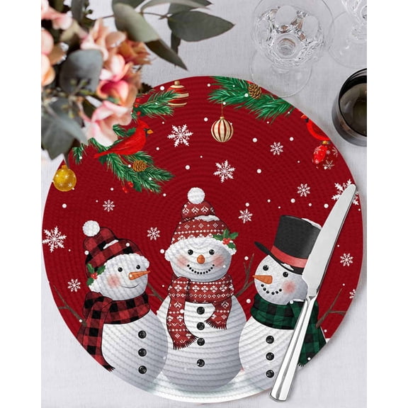 13 Inch Round Placemats Set of 4, Christmas Snowman Non Slip Heat Insulation PP Table Mats, Red Xmas Pine Branch Snowflake Red Birds Washable Place Mats for Kitchen Dining Party Table Decor