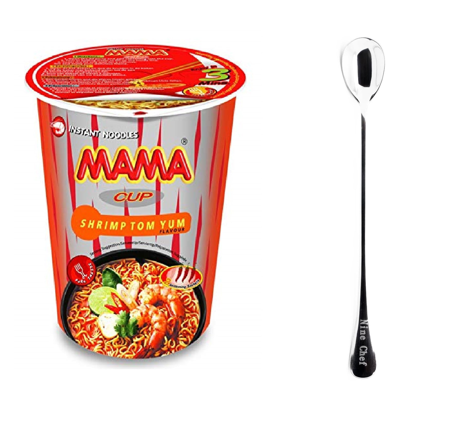 MAMA Instant Cup of Noodles with Delicious Thai Flavors (Shrimp Tom Yum 12  Pack) plus NineChef Brand Spoon