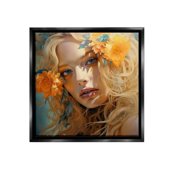Stupell Industries Girl & Orange Blossoms Botanical & Floral Painting Black Floater Framed Canvas Art Print Wall Art, 18 x 18