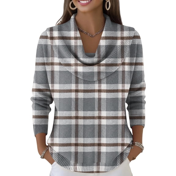Kixjoy Cowl Neck Sweater for Women Long Sleeve Lounge Fashion Knit Sweater Elegant Lightweight Plaid Top Fall Cozy Holiday Outfits for Women, Light Gray XXL