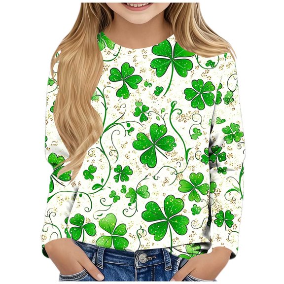 Girls St Patricks Day Shirt Long Sleeve Lucky Clover Print Top | Gray Green Holiday Theme | Soft Stretch Fabric | Sizes 3-4 to 13-14 Years,Size 7-8 T