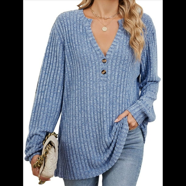 Camisa Henley de Larga para Mujer, Cuello en V, Suéteres Casuales Elegantes, Ropa de Moda para Otoño. Azul Colorido XXL