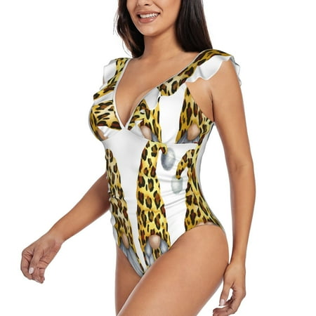 KLL Leopard Gnomes for Women s Ruffled One Piece Swimsuit Tummy Control Bathing Suit V Neck Swimwear