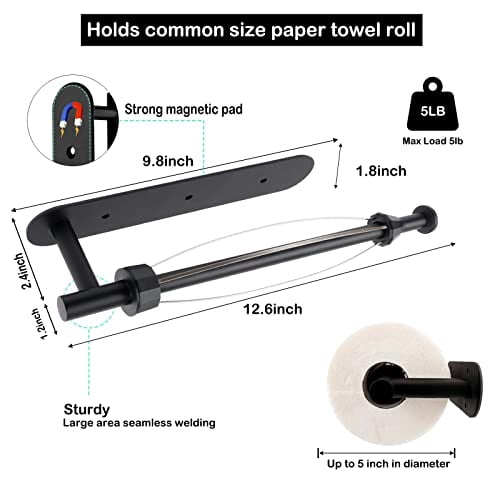 One Hand Operated Magnetic Paper Towel Holder with Self Adhesive & Strong Magnetic Backing for Kitchen, Refrigerator, Grill, RV - Easy Wall Mount, Black