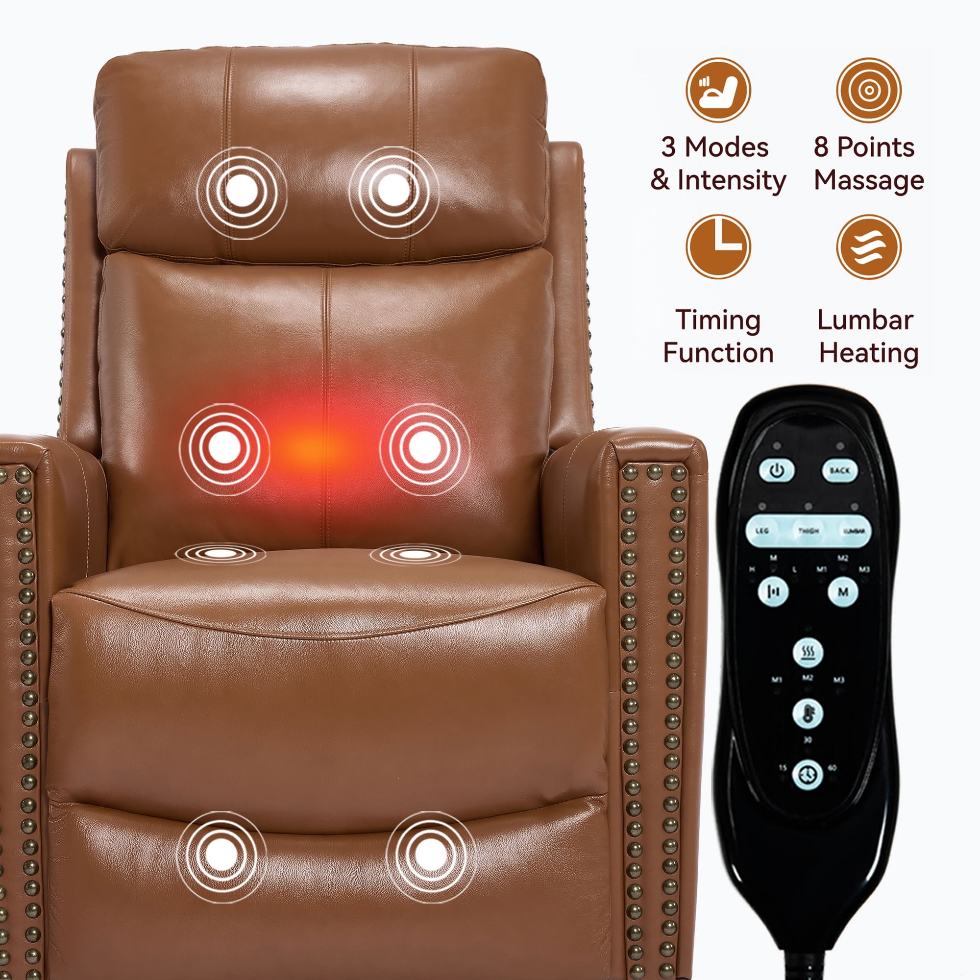 MAYEERTY Genuine Leather Swivel Recliner Chair, Manual Rocker Lounge Chair with 8-Point Massage & Lumbar Heat, for Living Room Home Theater