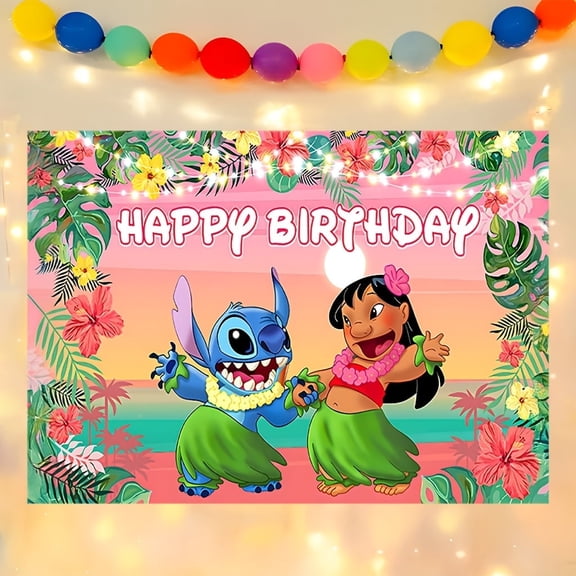 Stitch's happy birthday placard background: great party decor with tropical theme, colorful floral design, interior /exterior use, polyester material, birthday party decor