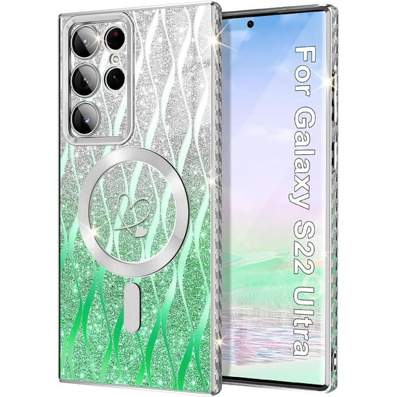 Rancase for Samsung Galaxy S22 Ultra Case,Compatible with Magsafe Luxury Glitter Plating Love Heart with Camera Lens Cover Clear Soft TPU Shockproof Magnetic Phone Case for Women Girls, Green