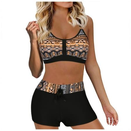 Icvfdpl Women S Tankinis Sets Female High Waisted Bikini Sexy Push Up Two Piece Swimwear Vintage Swimsuit Retro Ruched Print Bathing Suit Set Tummy Control Bathing Suits