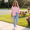 thumbnail image 4 of longantii Linen Shirts for Women Fashion Half Sleeve V-Neck Tops Classic Fit Solid Color Pullover Button Up Vacation Daily Wear for Spring Summer Pink M, 4 of 6