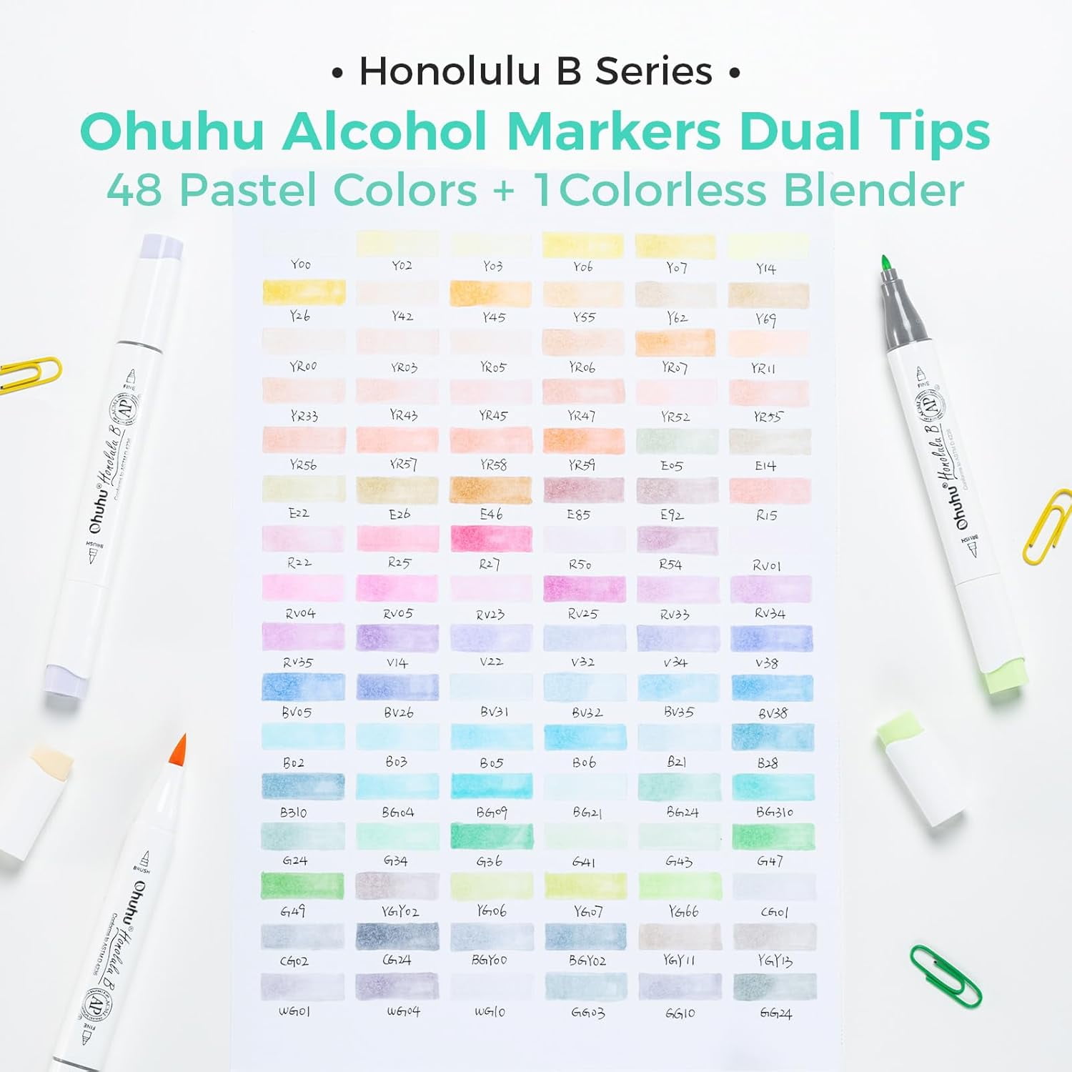 Ohuhu Pastel Markers Alcohol Based -96 Pastel Colors of Sweetness & Blossoming - New Color Codes - Brush & Fine - Honolulu B