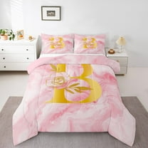 Homewish Pink Gold Monogrammed B Full Size Comforter Sets, Marbling Artwork Abstract Bedding Comforter Set, Rose Flower Print Reversible Bedding Sets, Super Cozy Room Decor, 3pcs
