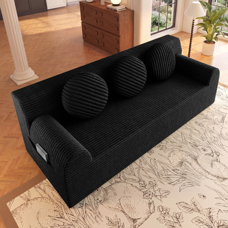 PORKISS 71 Inch Black Corduroy Couch, Boneless Cloud Couch, No Assembly Floor Sofa with 3 Round Pillows, Comfy 3 Seater Sofa Couch for Living Room, Apartment, Bedroom, Small Space