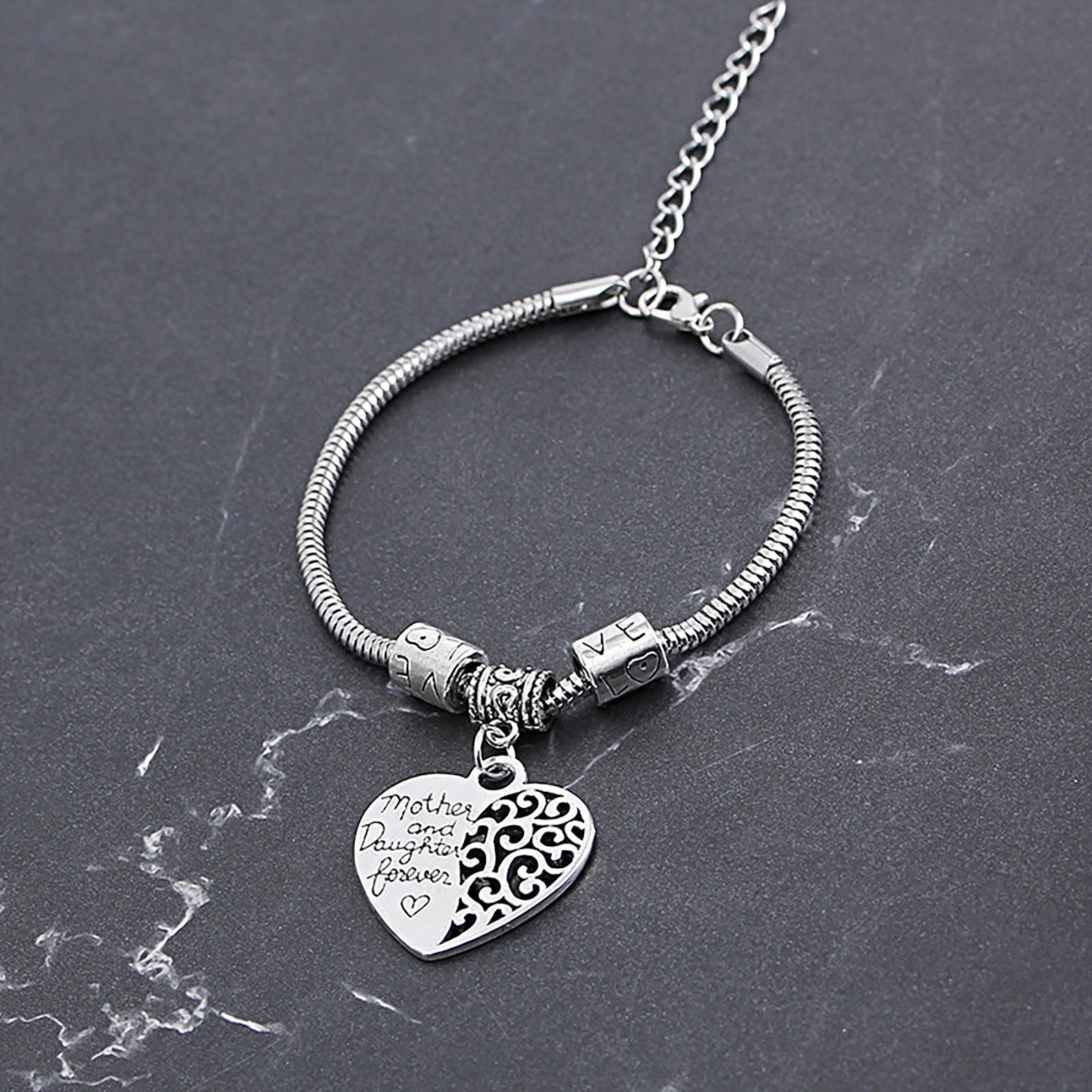 MayLove Mothers Day Gift Mom Heart Shape Rhinestone Crystal Bangle Bracelet Link Silver