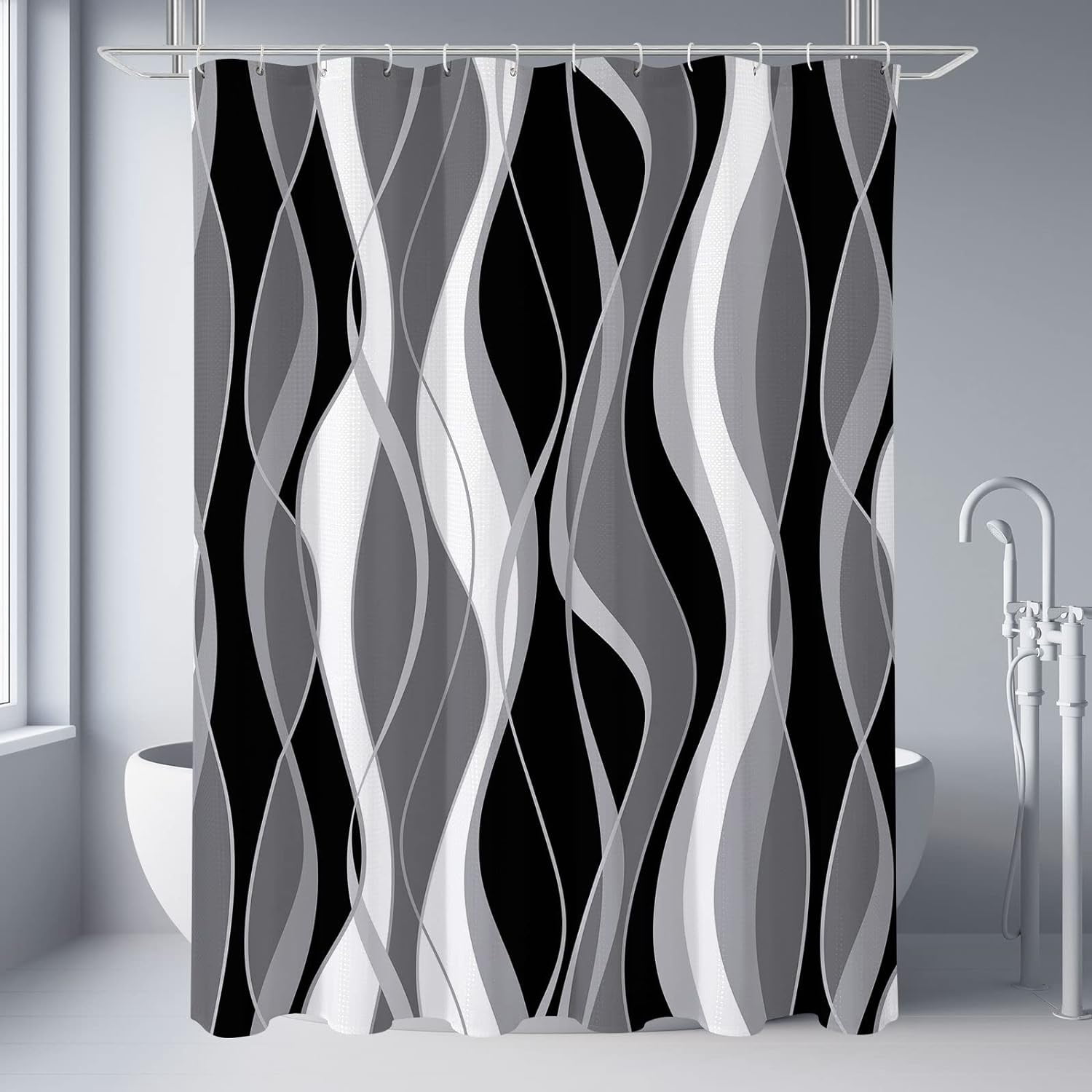 Black and Grey Shower Curtain, Gray and White Abstract Modern Bathroom Decor, Waffle Weave Textured Fabric Shower Curtain Set with Hooks, 72x72