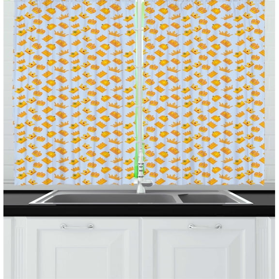 Crown Kitchen Curtains, Randomly Scattered Royalty Ornamental Palace Items Along Regal Details, Two Panels Drapes with Rod Pocket Room Decor, 55" X 45", Pale Blue and Marigold, by Ambesonne
