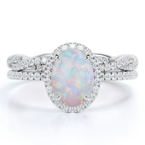JeenMata 1.75 ct Antique Oval Cut Opal and Moissanite Wedding Ring Set in 18K White Gold over Silver