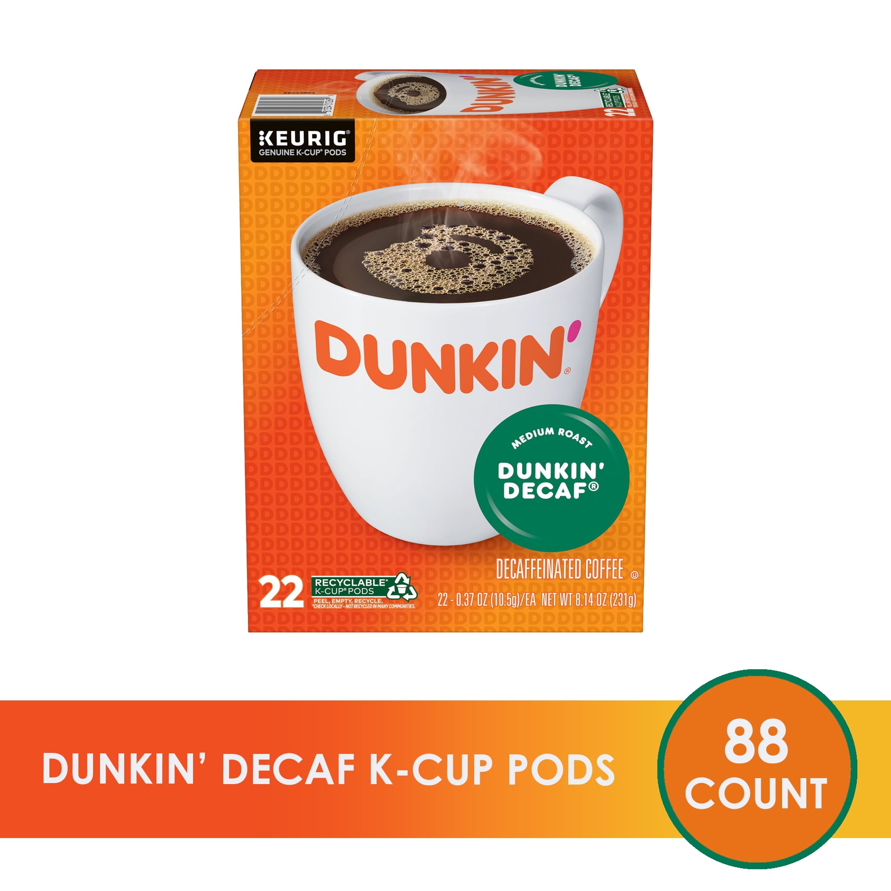 (88 Count) Dunkin' Decaf Medium Roast Coffee, K-Cup Pods