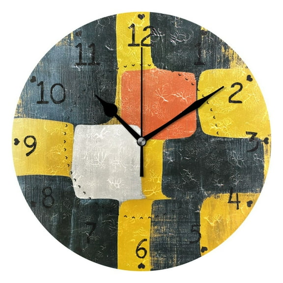 Black and Yellow Abstract Squares Round Wall Clock Silent Battery Operated Home Decor for Living Room Bedroom