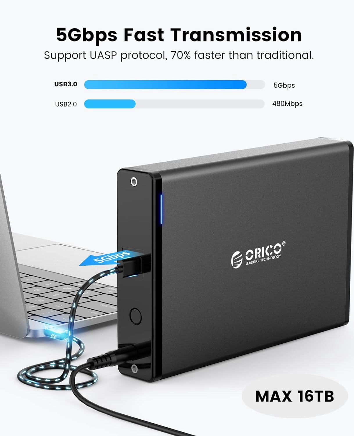 ORICO 3.5" Hard Drive Enclosure Aluminum 5Gbps USB C 3.1 to SATA HDD Enclosure 16 tb External Laptop Hard Drive Enclosure