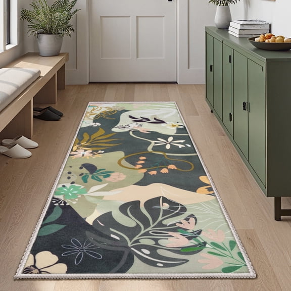 Joyfy Soft Floral Washable Runner Rug 2'x6' Non-Slip Kitchen Carpet with Rubber Backing for Entryway, Laundry, Bedroom, Indoor Use (Olive-Green)