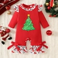 thumbnail image 2 of FYDUU Baby Girl Christmas Outfit Cute Santa Print Long Sleeve Romper Bell Bottom Jumpsuit Girls First Christmas One-Piece Clothes Comfy Onesies 6-12 Months, 2 of 7