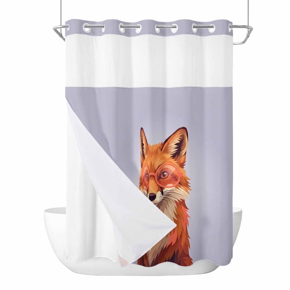 No Hook Shower Curtains with Detachable Snap-in Liner Set, Purple Fox Waterproof Hotel Style Bathroom Shower Curtain, Funny Animals Modern Art Breathable Mesh Top Window Bath Curtains 48''x72''