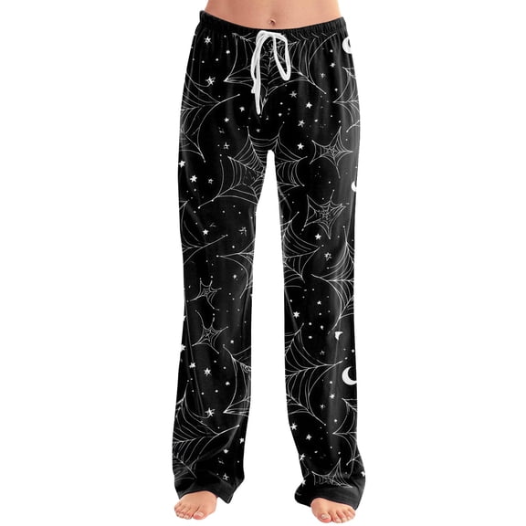 Girly Bow Pumpkin Halloween Pajama Pants for Women, Adjustable Drawstring Lounge Bottoms with Ghost & Web Print, Soft Polyester Sleep Trousers, 1 Pair Black L