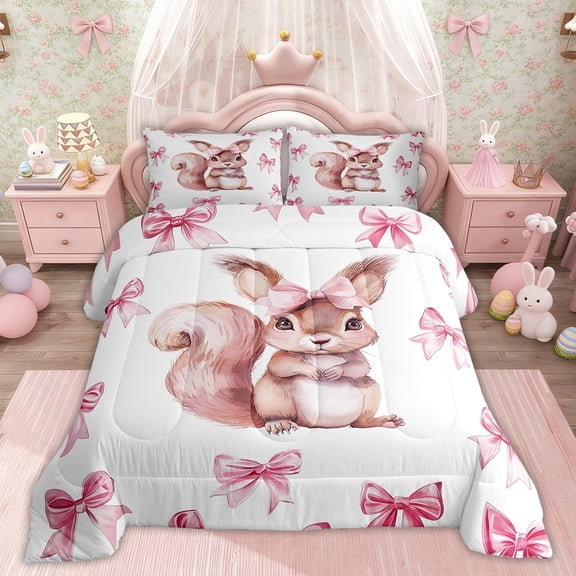 Erosebridal Girls Bowknot Squirrel Comforter Sets Twin Size, Princess Bow Comforters for Kids Girls, Pink Reversible 2 Pieces