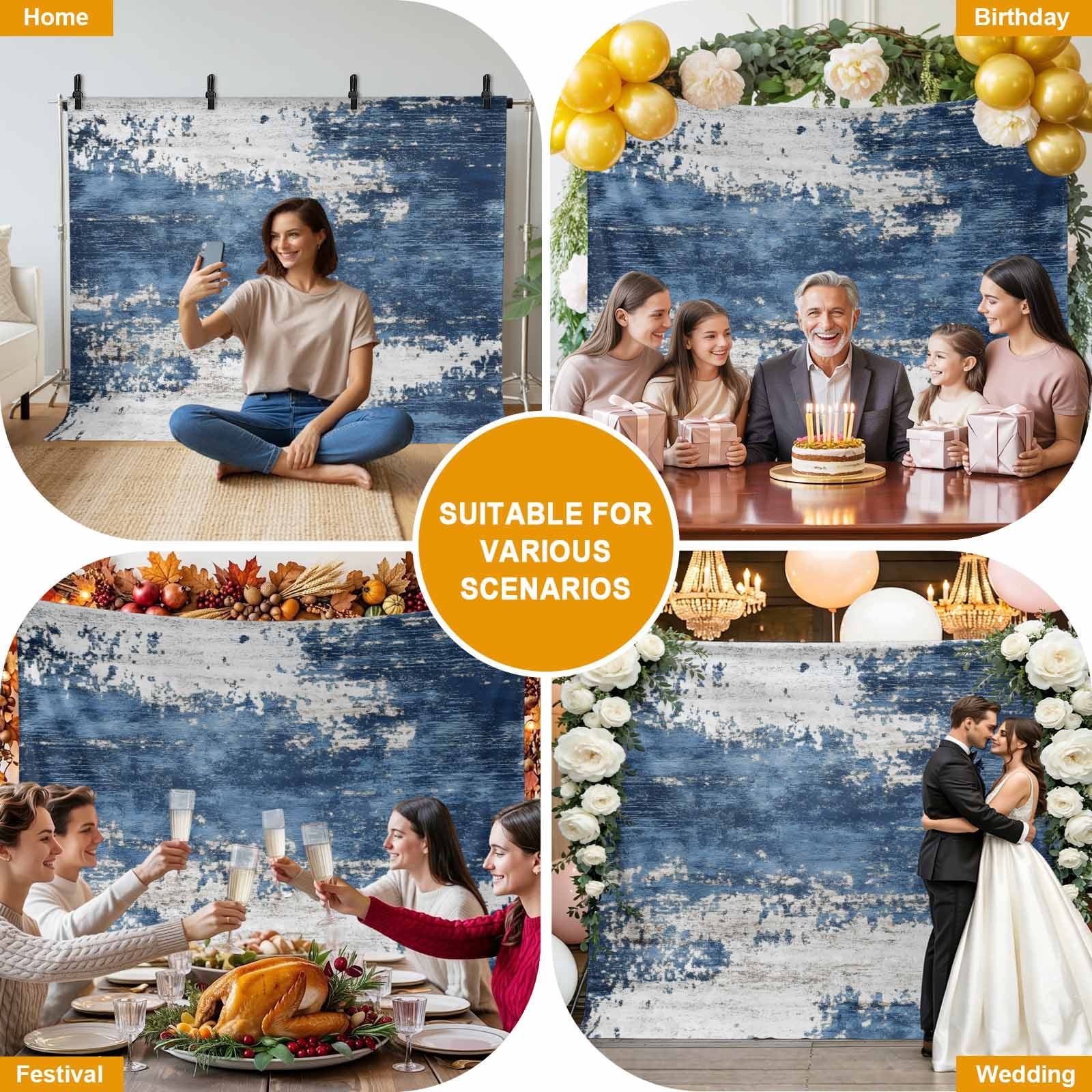 Abstract Mottled Texture Backdrop for Photography, Blue Gary Stitching Photo Backdrop Portrait Background Party Banner Photo Backgrounds for Studio Booth Props, 7x5ft