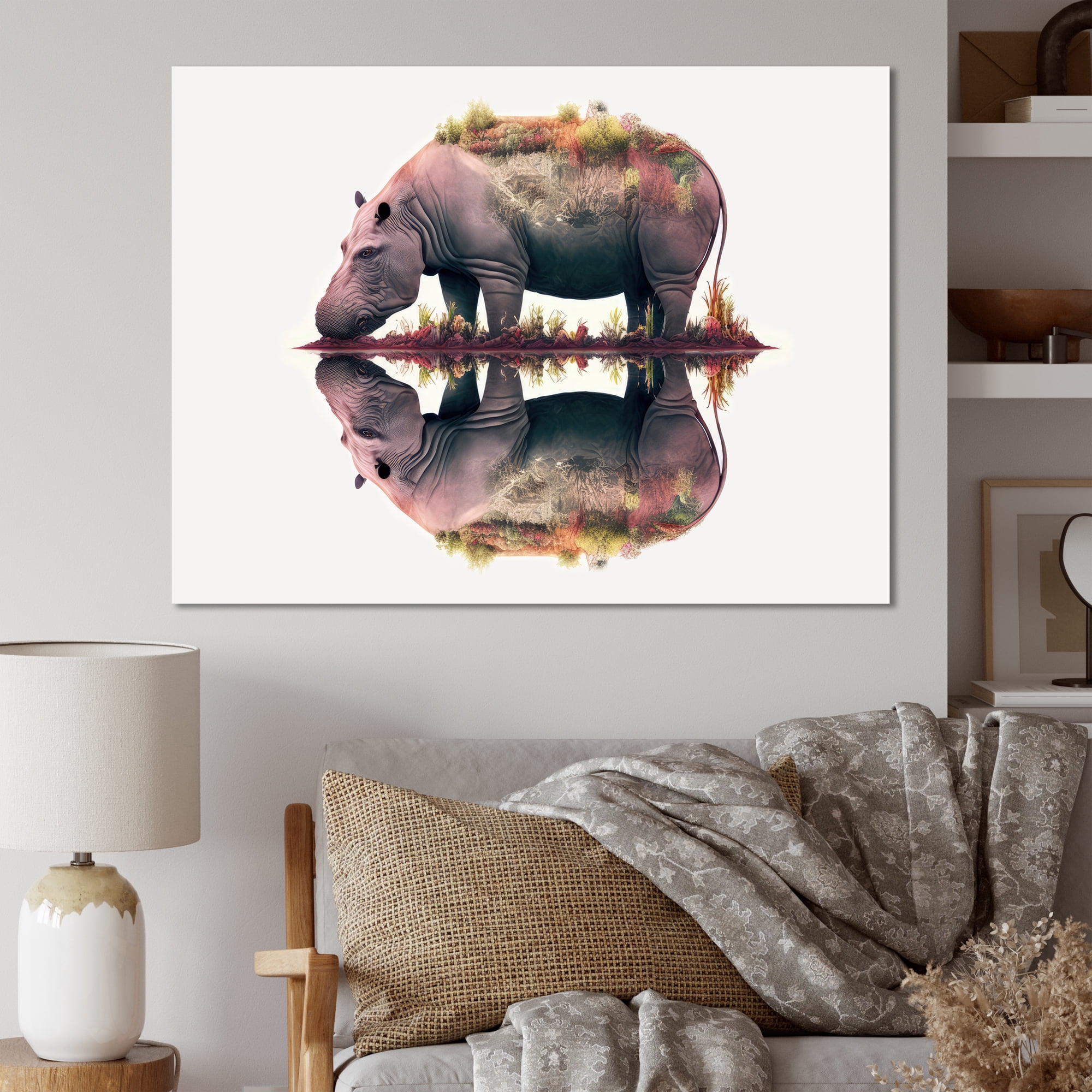 Designart Double Exposure Of A Hippo With African Landscape Canvas Wall Art