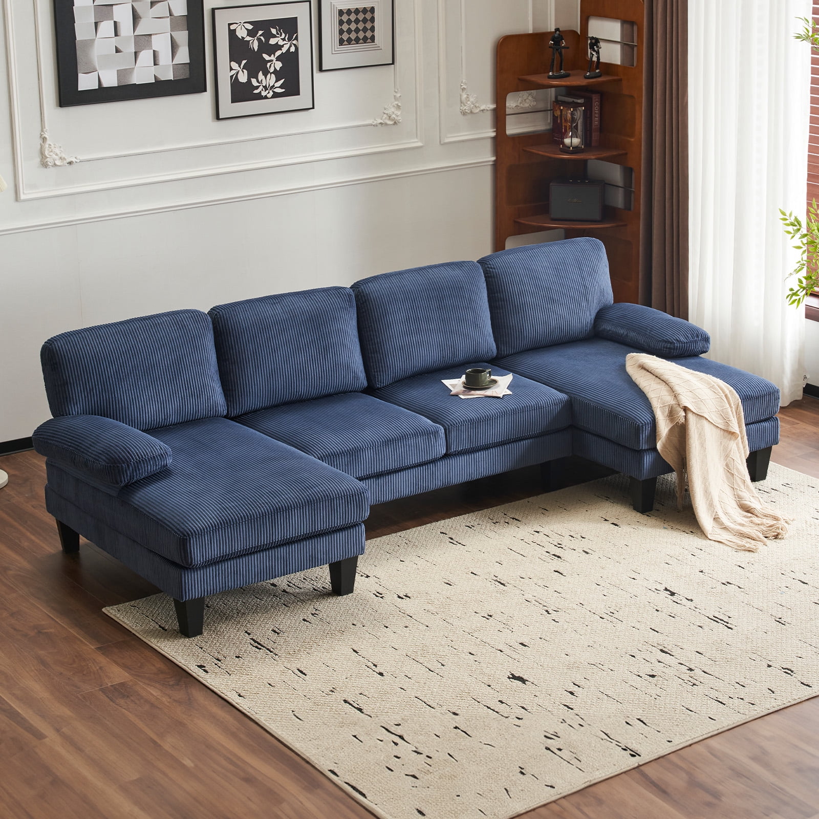Ktaxon U-Shaped Sectional Sofa, 111"  Corduroy Couch, 4 Seat Lounge Sleeper with Double Chaise for Living Room Blue