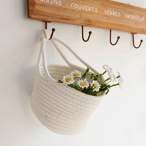 OULII Hanging Round Cotton Rope Basket White Woven Storage Basket for Home Use