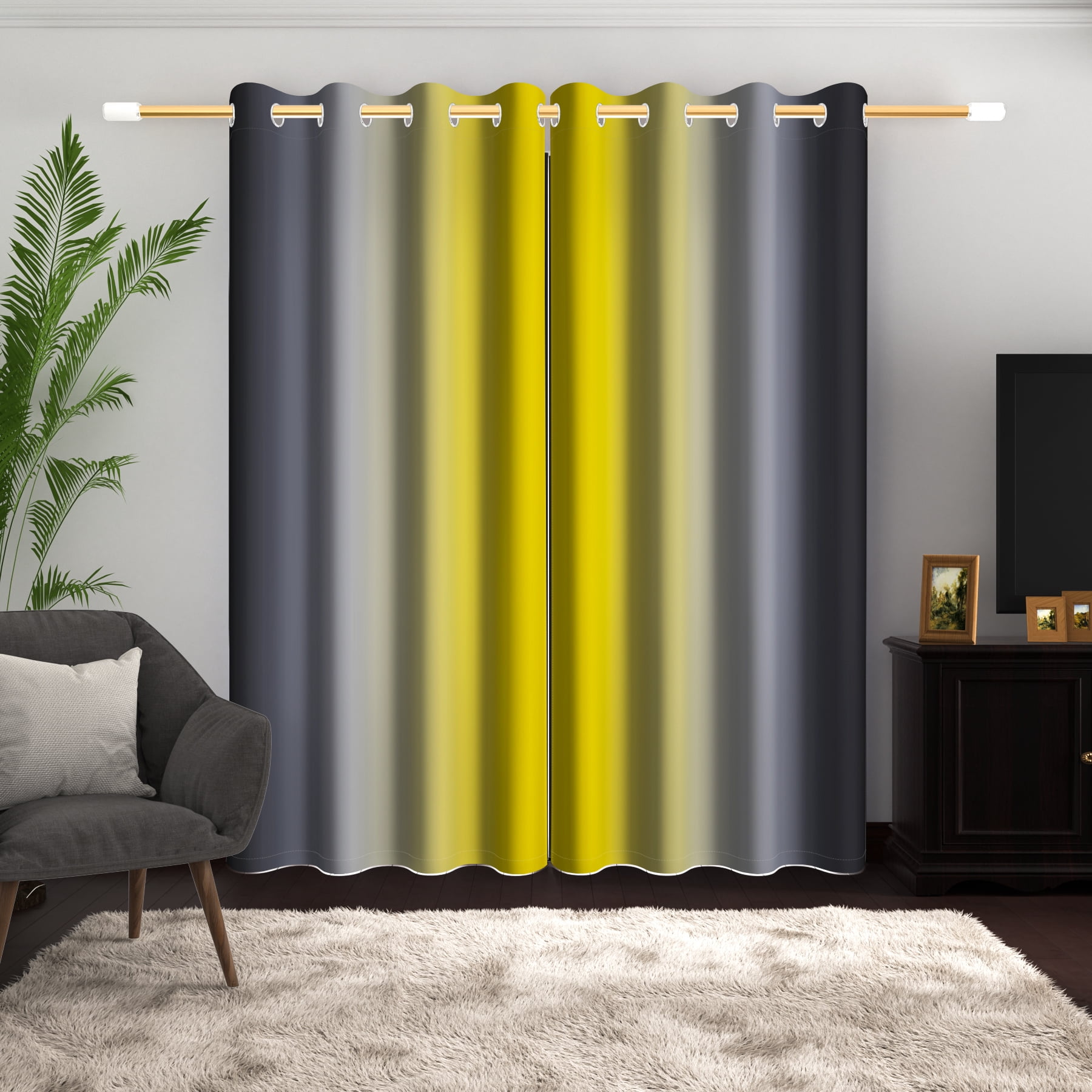 Lfeey Yellow Room Darkening Curtains, Gradient Black Ombre Blackout Curtains, Living Room Kids Bedroom Decorative Privacy Curtains, 52W X 96L, 2 Panels