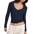 thumbnail image 1 of NINGMENG Womens Tops Solid Color Ribbed V Neck Slim Fitted Basic Long Sleeve Layering Tops Pullover Tee Shirts Activewear,Blue,L, 1 of 7