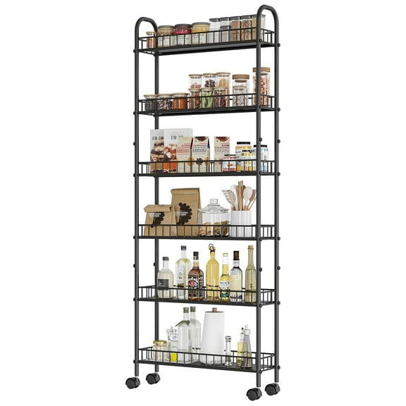JRHRXXY 6 Tier Storage Cart,Metal Kitchen Rolling Cart with Lockable Wheels & Baskets,6" Slim Storage Shelf for Kitchen,Bathroom,Laundry,Small Space