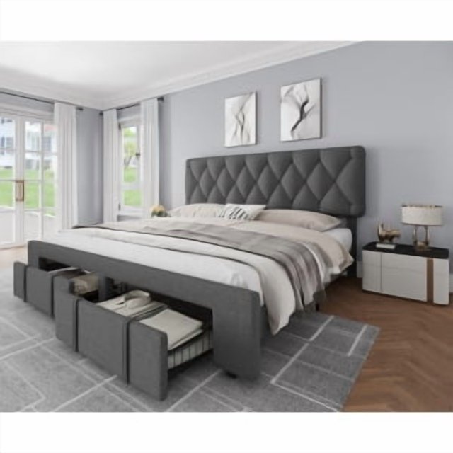 Bed Frame with Upholstered Headboard, Upholstered Platform Bed Frame with 2 Storage Drawers, Mattress Foundation with Solid Wooden Slats Support, No Box Spring Needed, King/Queen Size