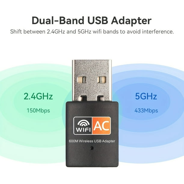 USB WiFi Adapter, 5G/2.4G Dual Band Wireless USB WiFi Adapter For PC,  600Mbps High Speed WiFi Adapter For Desktop PC, Support Windows  XP/Vista/7/8/10