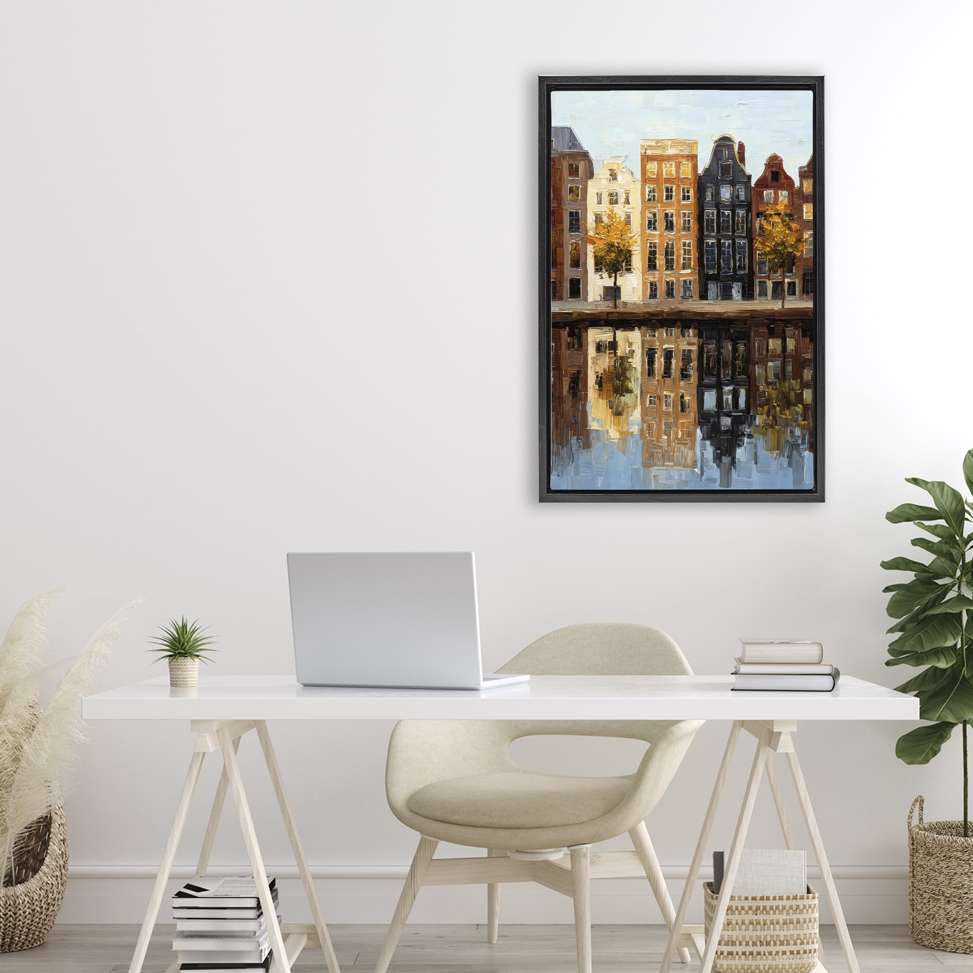 Stupell Industries City Reflection over Canal Black Framed Floater Canvas Wall Art, design by Petal Prints Design