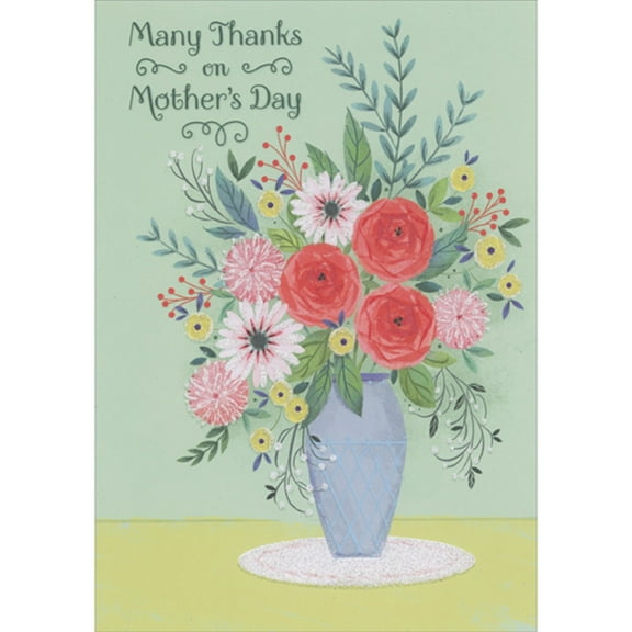 Designer Greetings Blue Vase with Red and Sparkling White and Pink Flowers Mother's Day Thank You Card