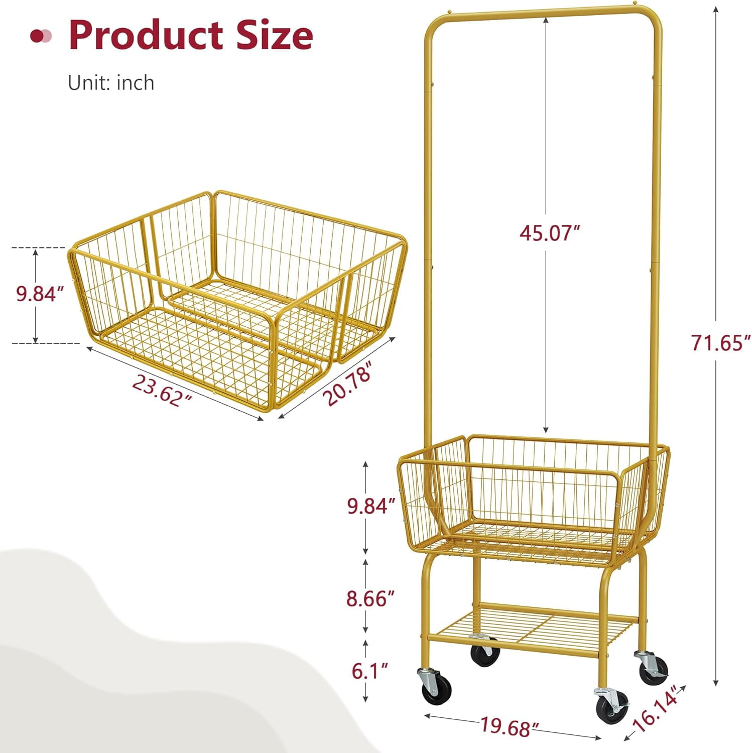 Laundry Cart with Wheels, Metal Rolling Laundry Hamper with Hanging Rack, Storage Basket and Shelf, Gold