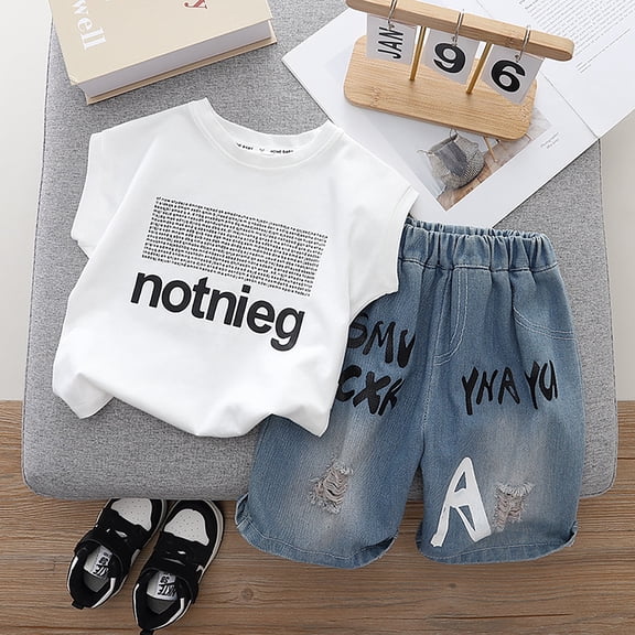 HAYIMI Kids Boys Girls Clothes Letter Graphic Tops Denim Shorts 2PC Summer Outfit Sets Soft Child O-Neck Cartoon Clothes Sets