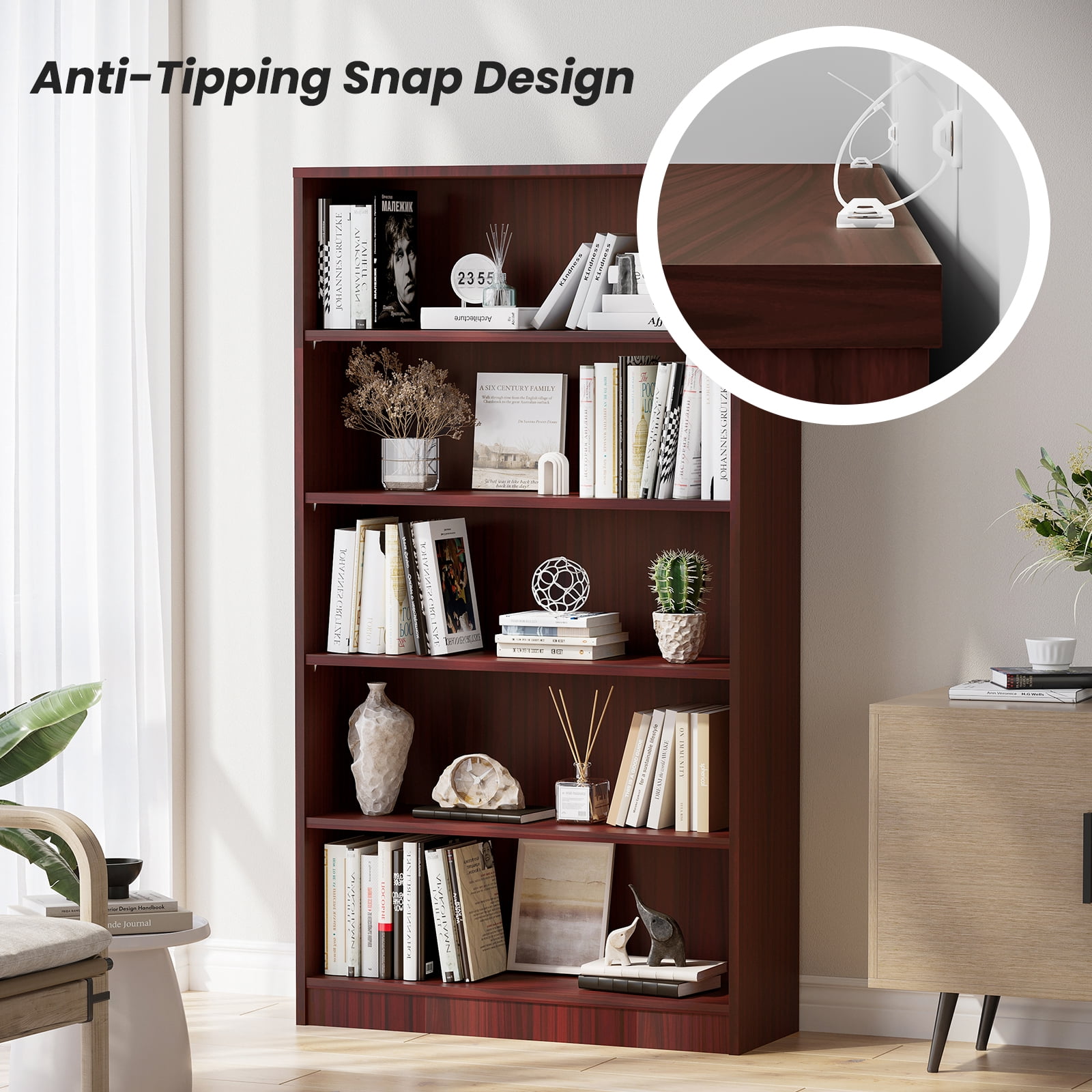 STARY 5 Tiers Bookcase, Wooden Bookcase with Adjustable Shelves for Home, Office, Cherry