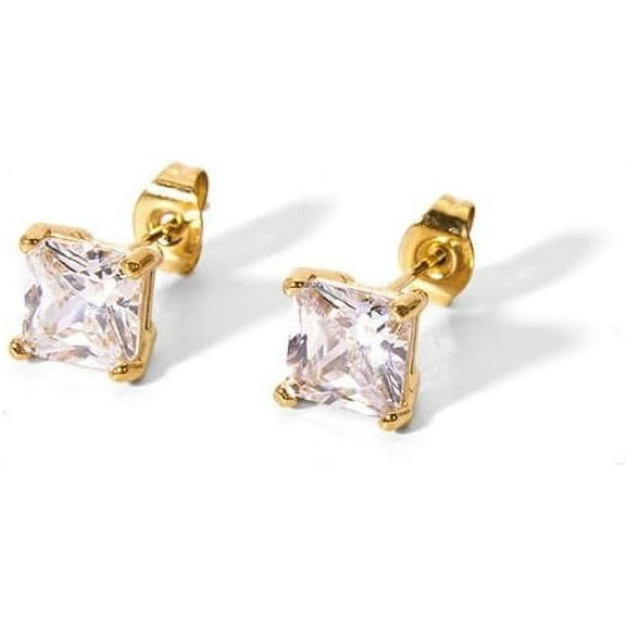 Fashionable Stainless Steel Cubic Zirconia Square Stud Earrings Real 18K Gold Plated Clear 7.6mm