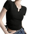 thumbnail image 2 of Shirts for Women Plus Size Short-sleeved Pleated V-neck Solid-color Casual T-shirt Black L, 2 of 5