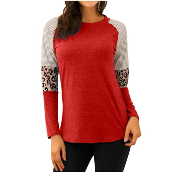 QLEICOM Women's Long Sleeve Tops Leopard Color Block T Shirt Casual Tunic Crew Neck Striped Shirts Plus Size Tops Loose Sweatshirt Red 5XL, US Size:18