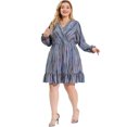 thumbnail image 3 of Women's Plus Size Dress V Neck Boho Textured Bishop Long Sleeve Ruffle Bohemian Mini Flare Dress Blue 4X, 3 of 7